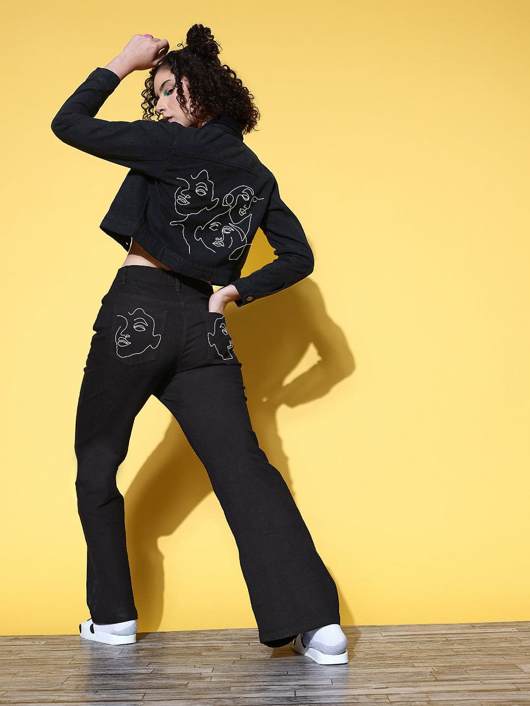 Black Embroidered Pocket Bell Bottom Jeans-SASSAFRAS