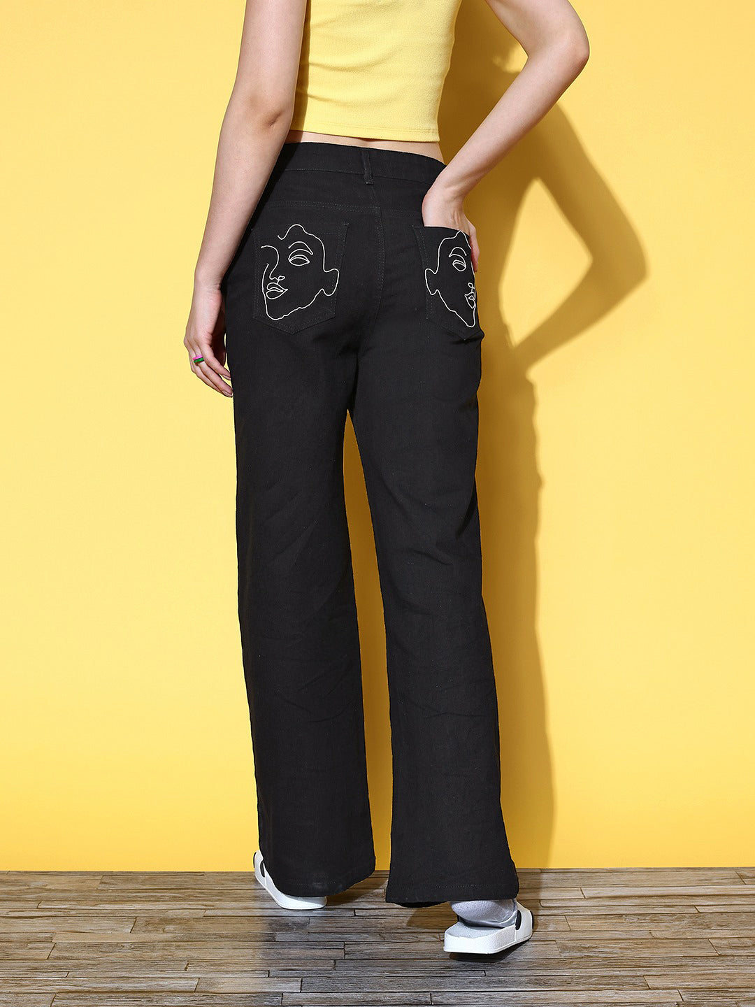 Women Black Embroidered Pocket Bell Bottom Jeans