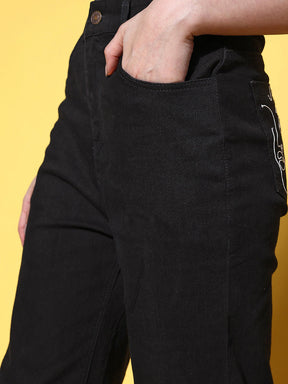 Women Black Embroidered Pocket Bell Bottom Jeans