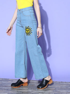 Women Blue Rising Sun Straight Jeans