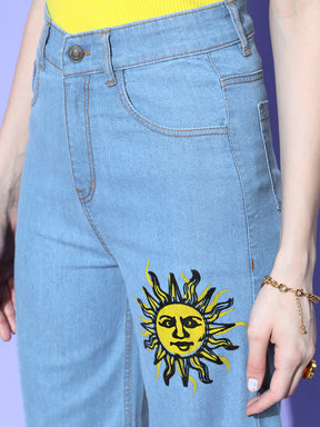 Women Blue Rising Sun Straight Jeans