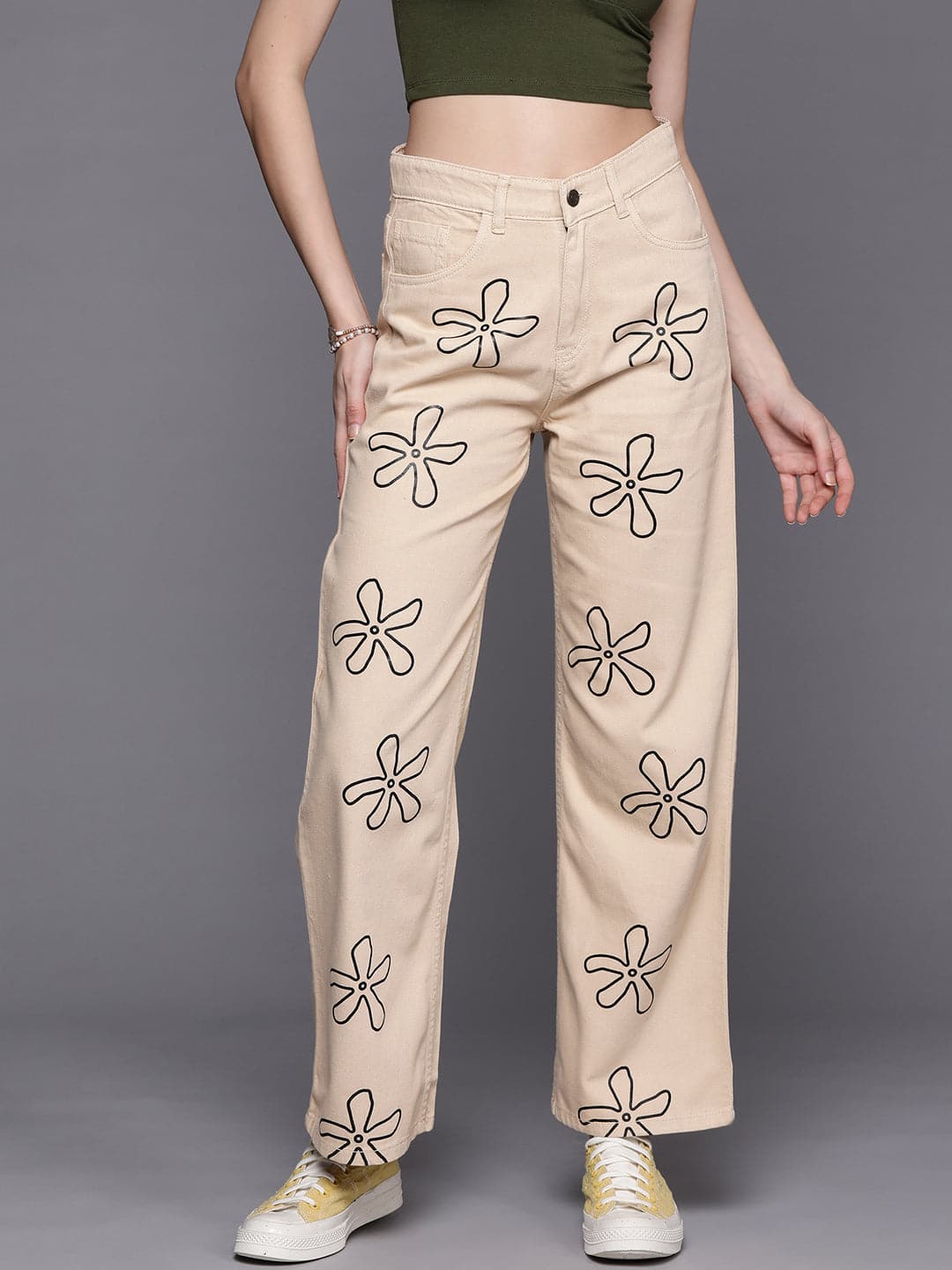 Beige Floral Print Straight Jeans-SASSAFRAS