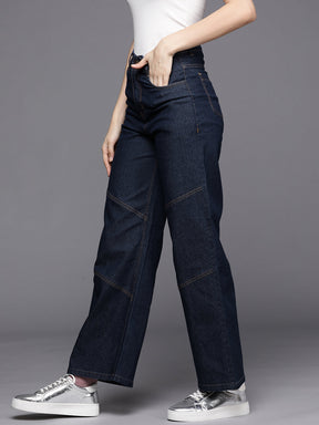 Women Blue Contrast Stitch Detail Straight Jeans