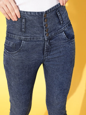 Blue Washed Front Button High Waist Jeans-SASSAFRAS