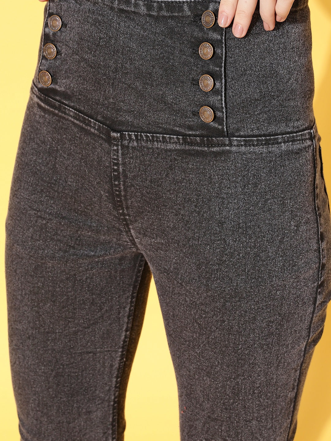 Women Black Washed Side Button High Waist Jeans