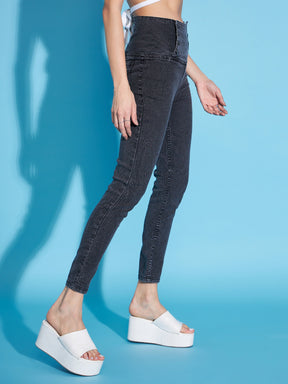 Black Washed Side Button High Waist Jeans-SASSAFRAS