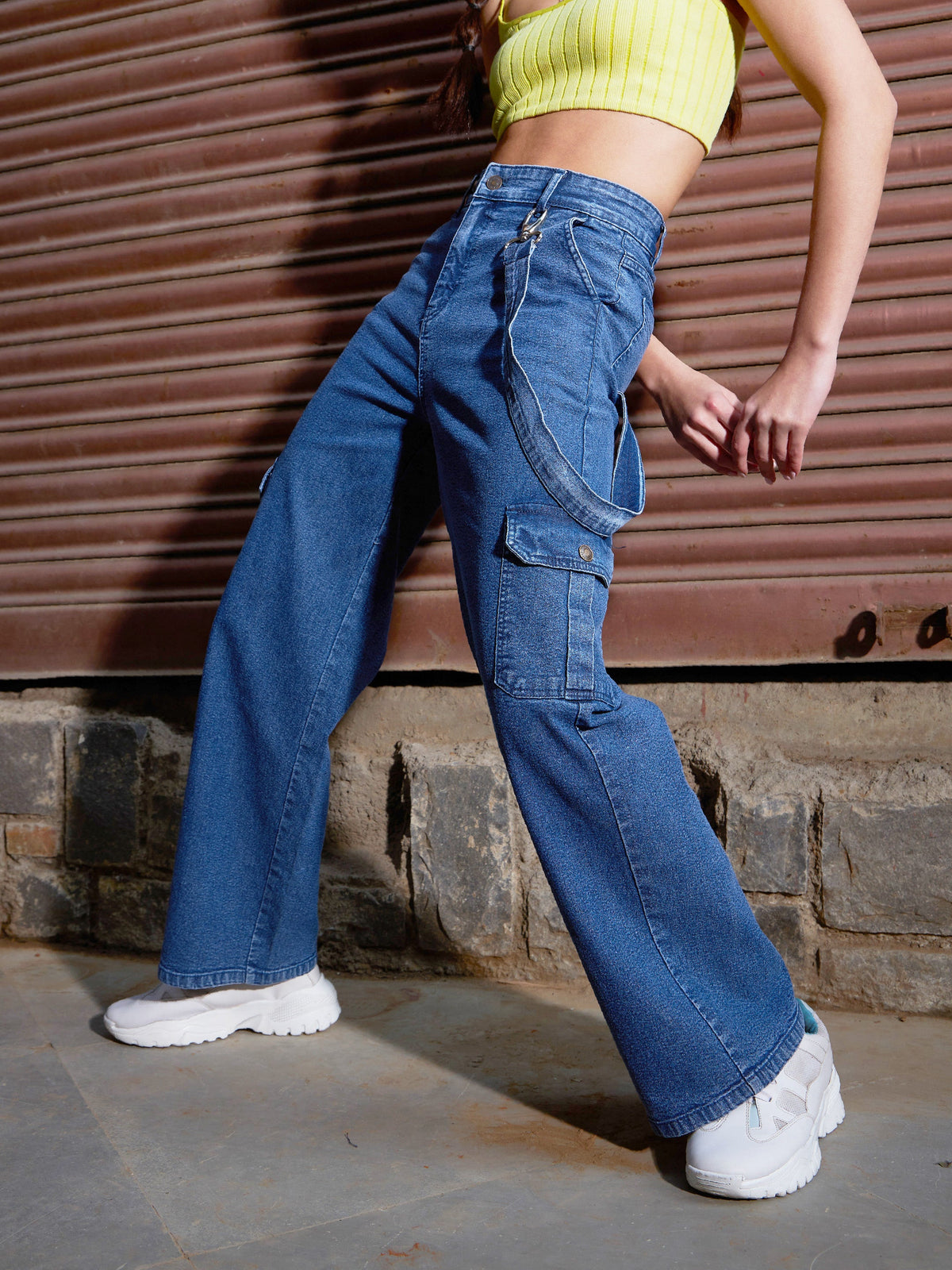 Blue Denim Side Patch Pockets Jeans-SASSAFRAS