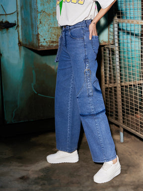 Blue Denim Pouch Pocket Straight Jeans-SASSAFRAS