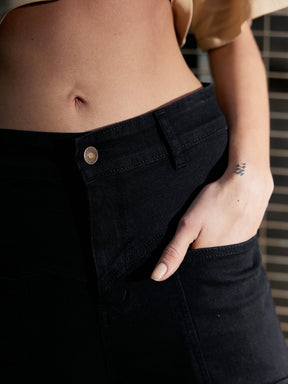 Black Denim Front Patch Pocket Jeans-SASSAFRAS