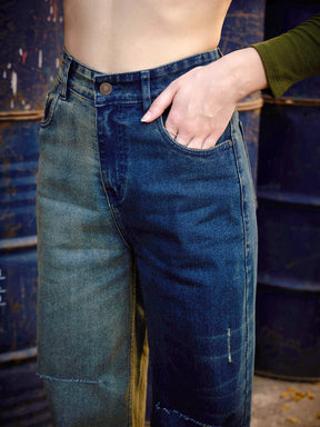 Navy Colour Block Straight Jeans-SASSAFRAS