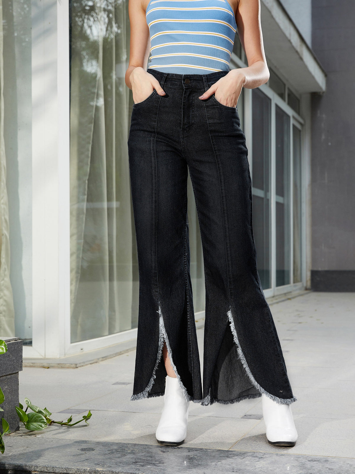 Black Front Slit Bell Bottom Jeans-SASSAFRAS