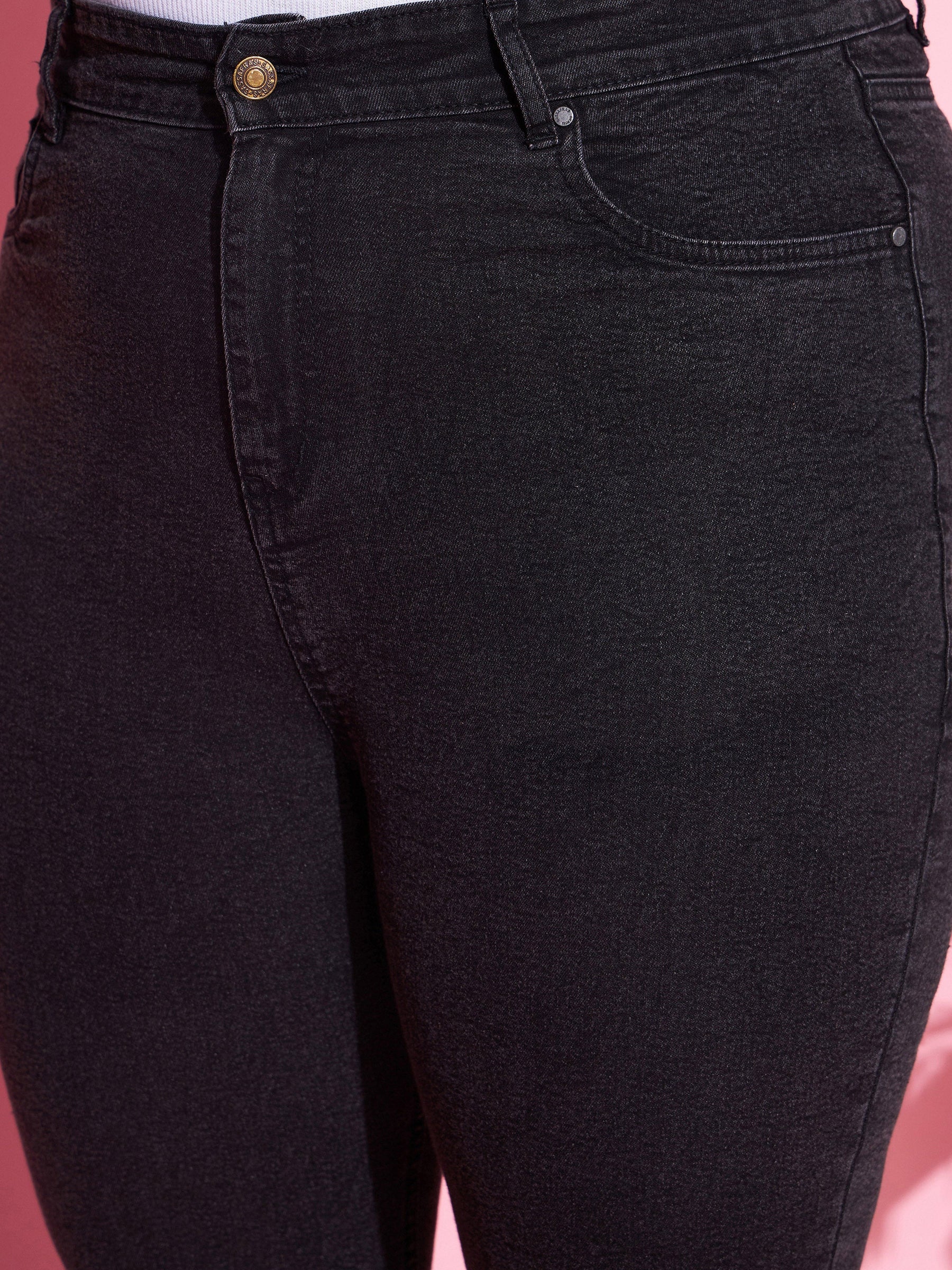 Black Acid Wash Denim Boot Cut Jeans-SASSAFRAS Curve