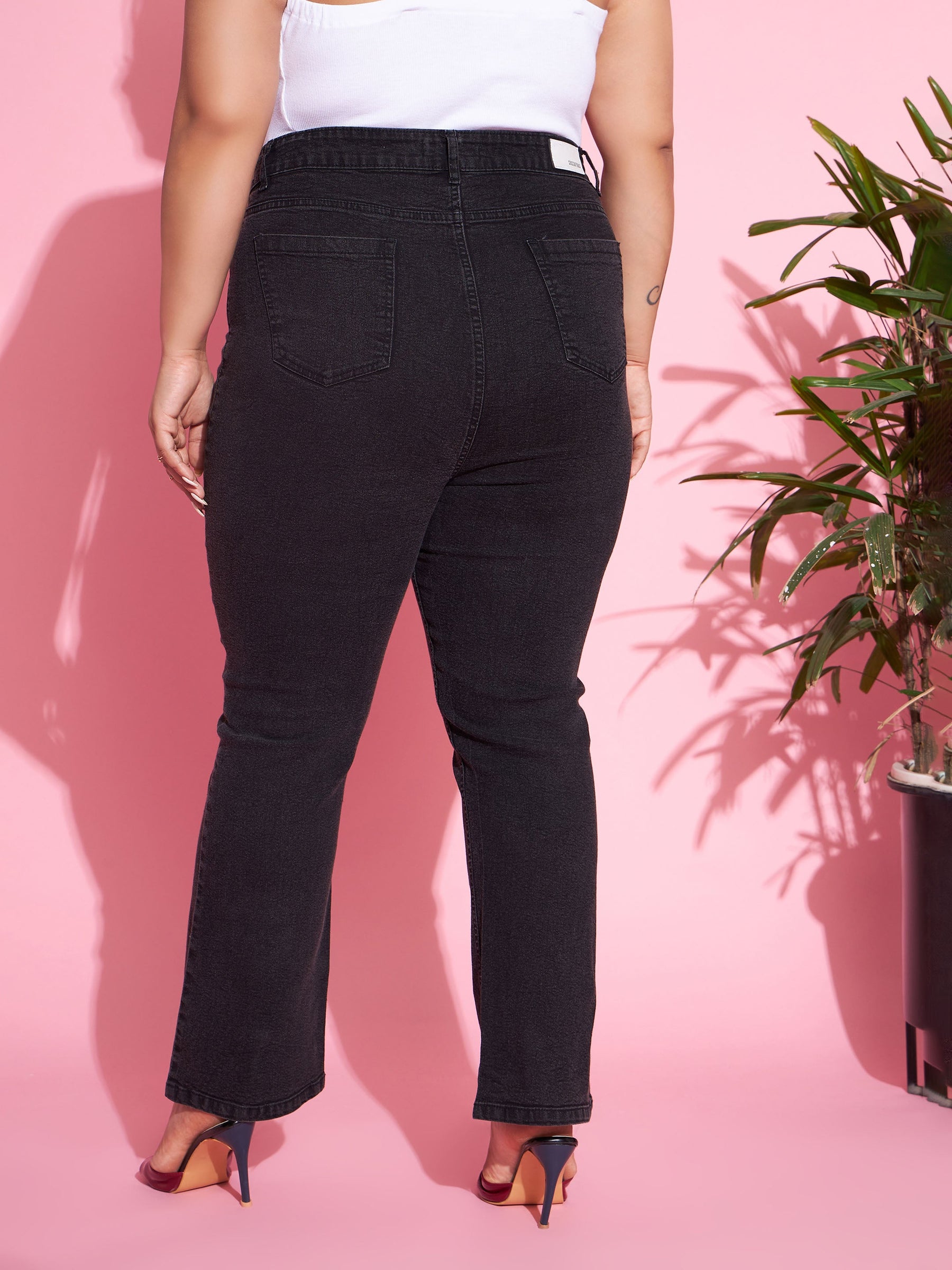 Black Acid Wash Denim Boot Cut Jeans-SASSAFRAS Curve