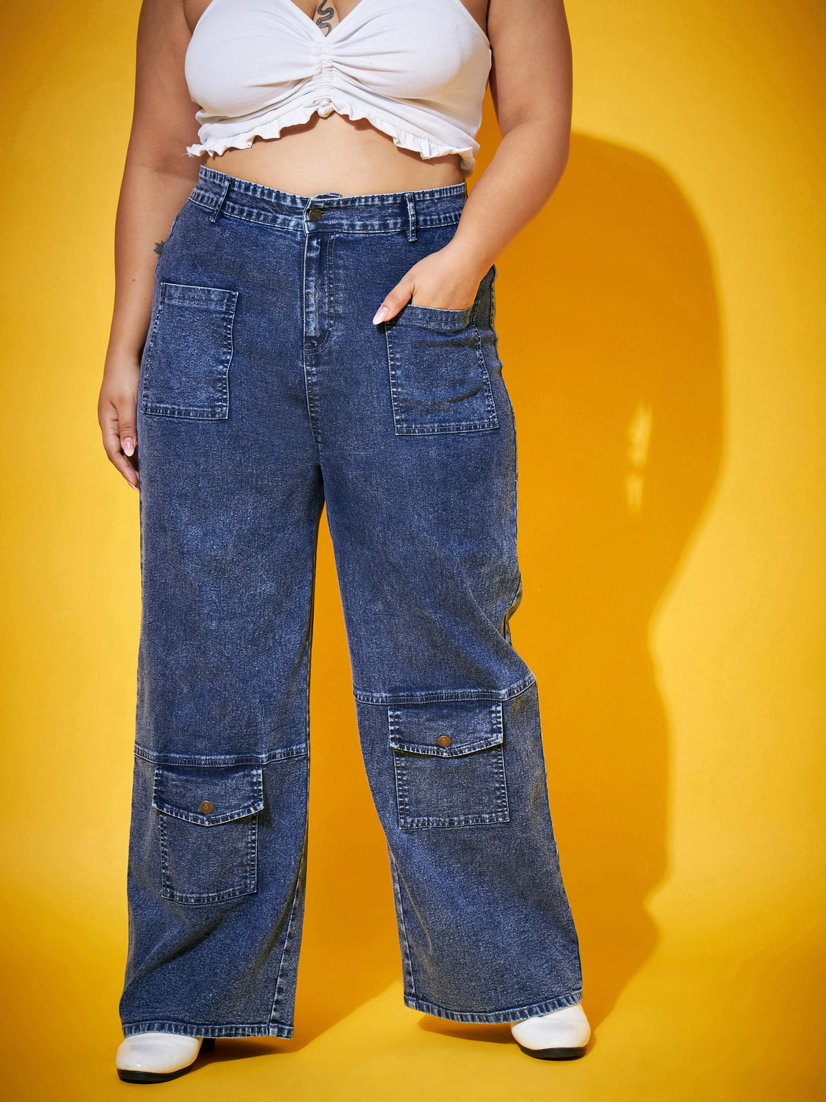 Blue Acid Wash Multi Pocket Straight Jeans-SASSAFRAS Curve