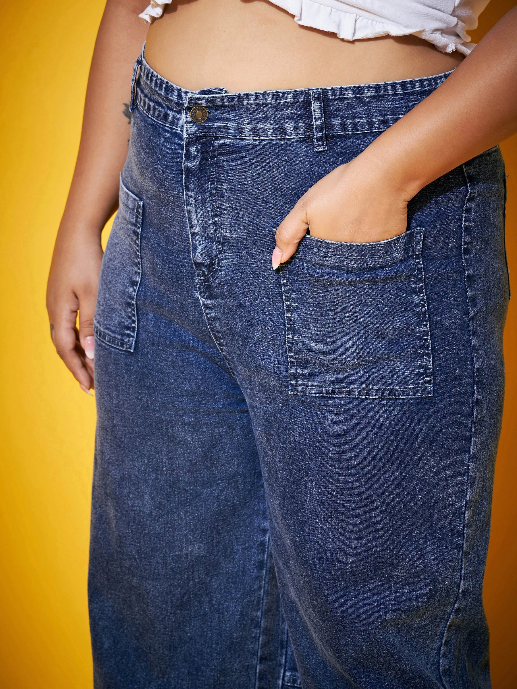 Blue Acid Wash Multi Pocket Straight Jeans-SASSAFRAS Curve