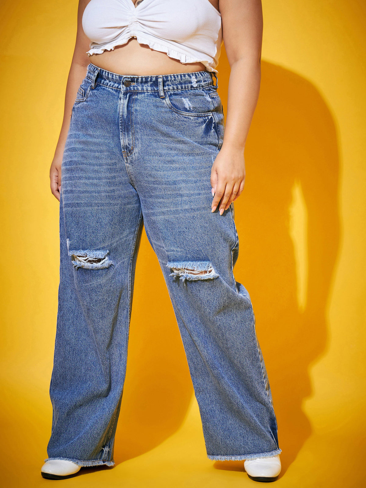 Blue Wash Distressed Slit Straight Jeans-SASSAFRAS Curve