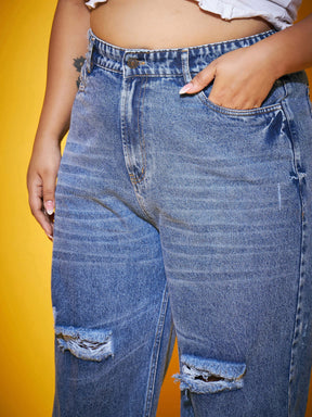Blue Wash Distressed Slit Straight Jeans-SASSAFRAS Curve