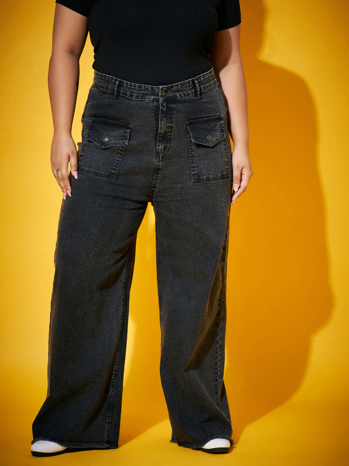 Black Wash Front Flap Pocket Straight Jeans-SASSAFRAS Curve
