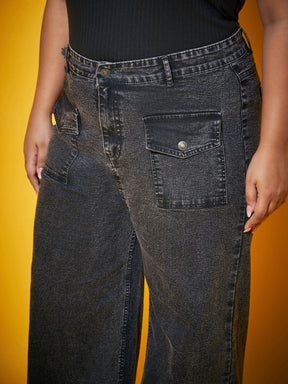 Black Wash Front Flap Pocket Straight Jeans-SASSAFRAS Curve
