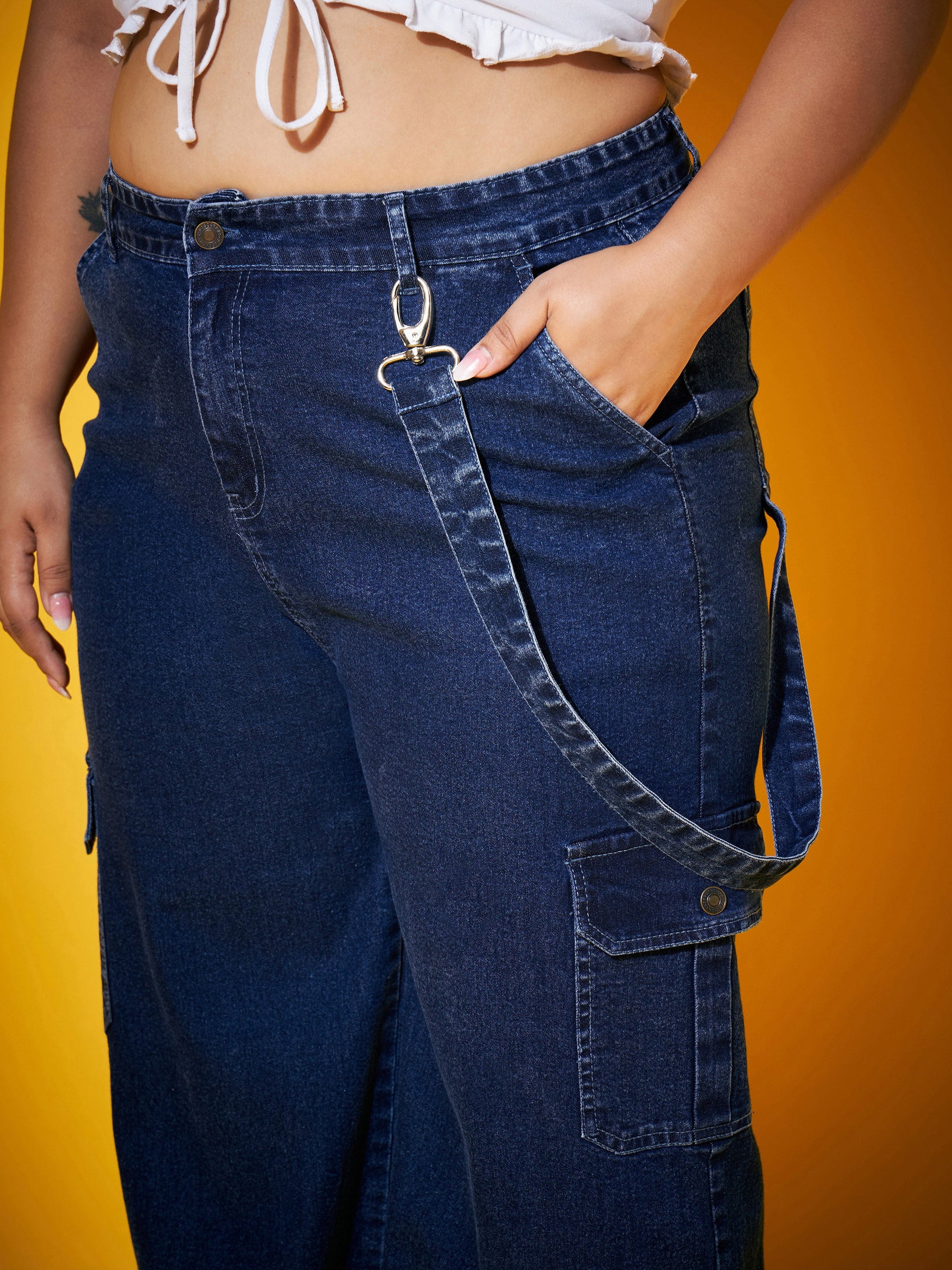Navy Wash Side Patch Pocket Jeans-SASSAFRAS Curve