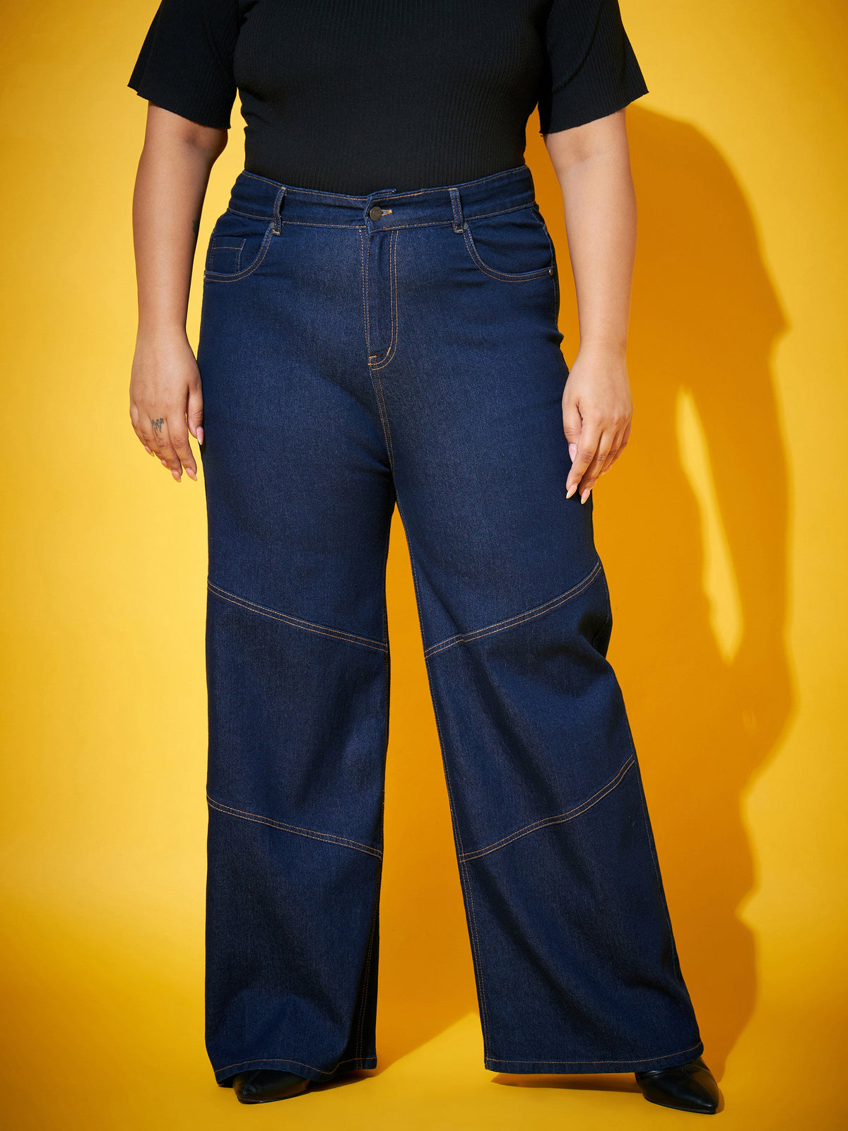 Navy Wash Contrast Stitch Straight Jeans-SASSAFRAS Curve
