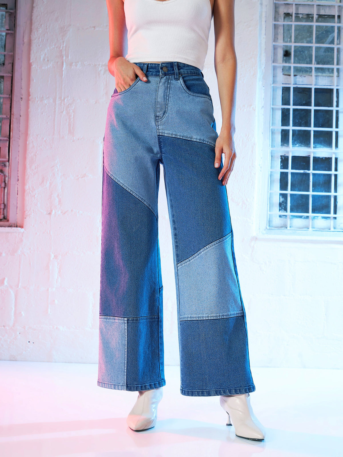 Blue Colour Block Straight Fit Jeans-SASSAFRAS