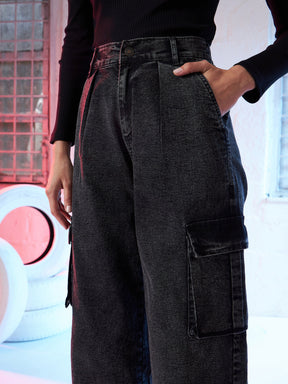 Black Side Pocket Cargo Jeans-SASSAFRAS