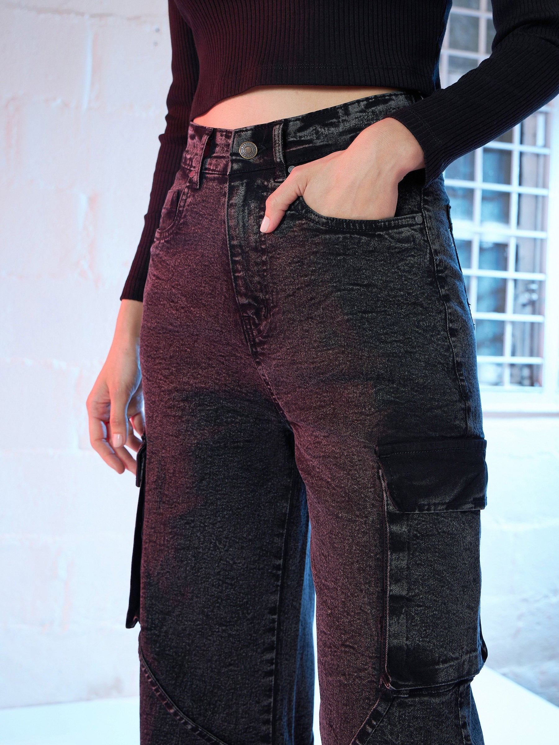 Black Denim Staright Fit Cargo Jeans-SASSAFRAS