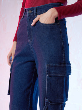 Blue Staright Fit Cargo Jeans-SASSAFRAS
