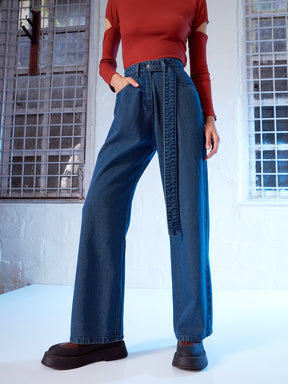 Blue Denim Belted Straight Fit Jeans -SASSAFRAS