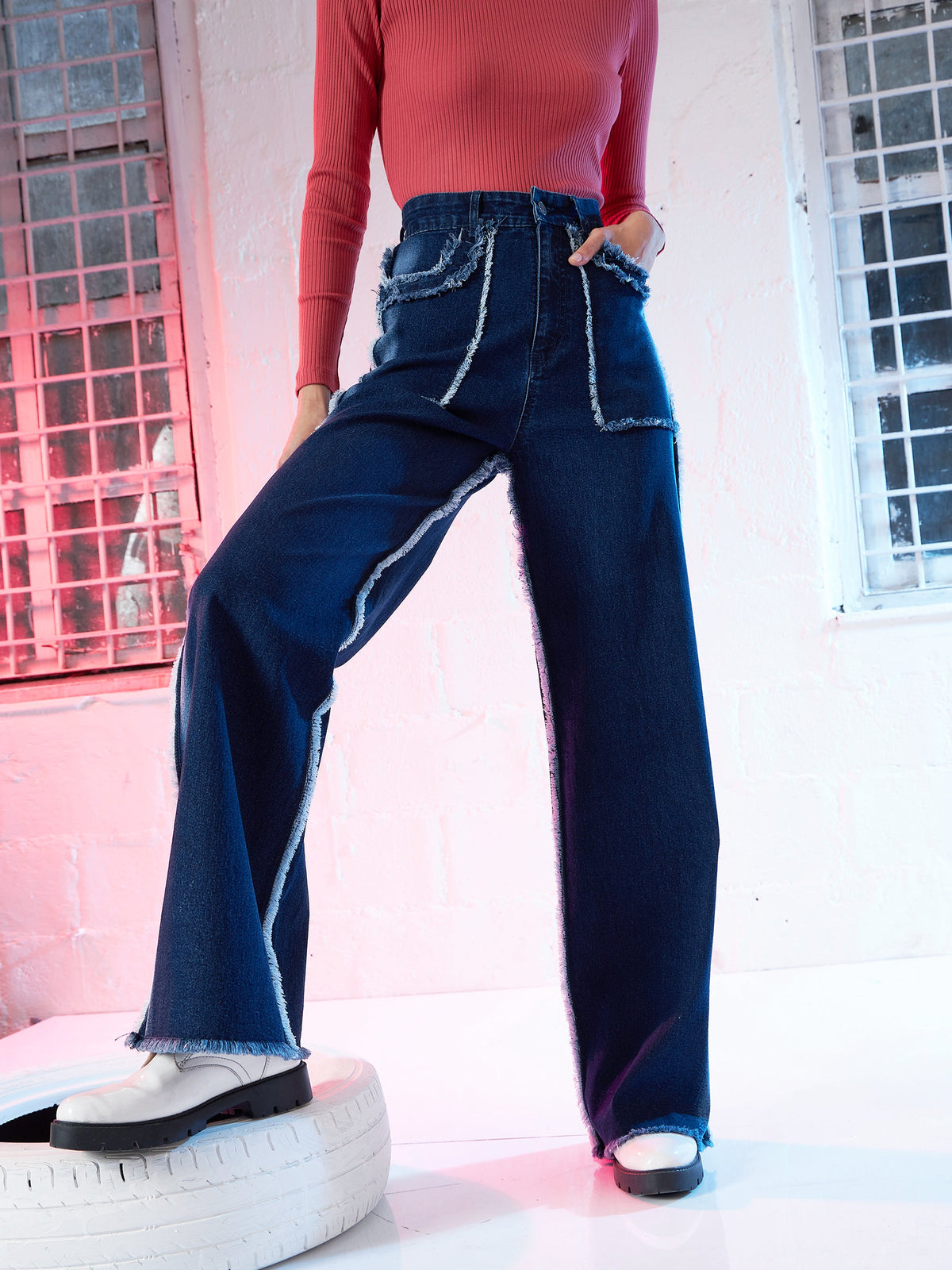 Blue Fringe Detail Straight Fit Jeans -SASSAFRAS