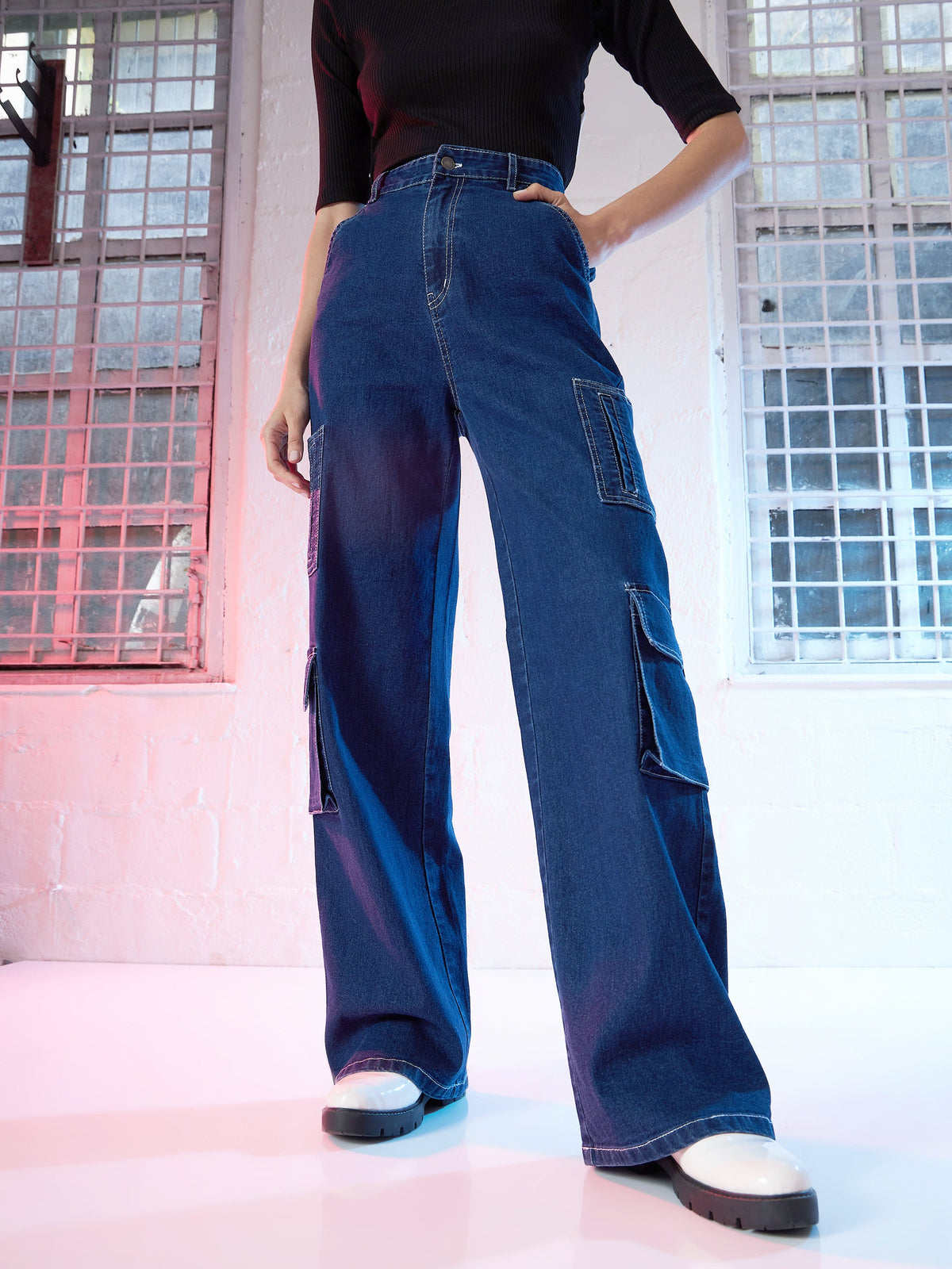 Blue Contrast Stitch Cargo Jeans -SASSAFRAS