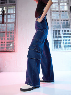 Blue Boxy Pockets Cargo Jeans -SASSAFRAS