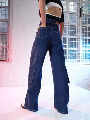 Blue Boxy Pockets Cargo Jeans -SASSAFRAS