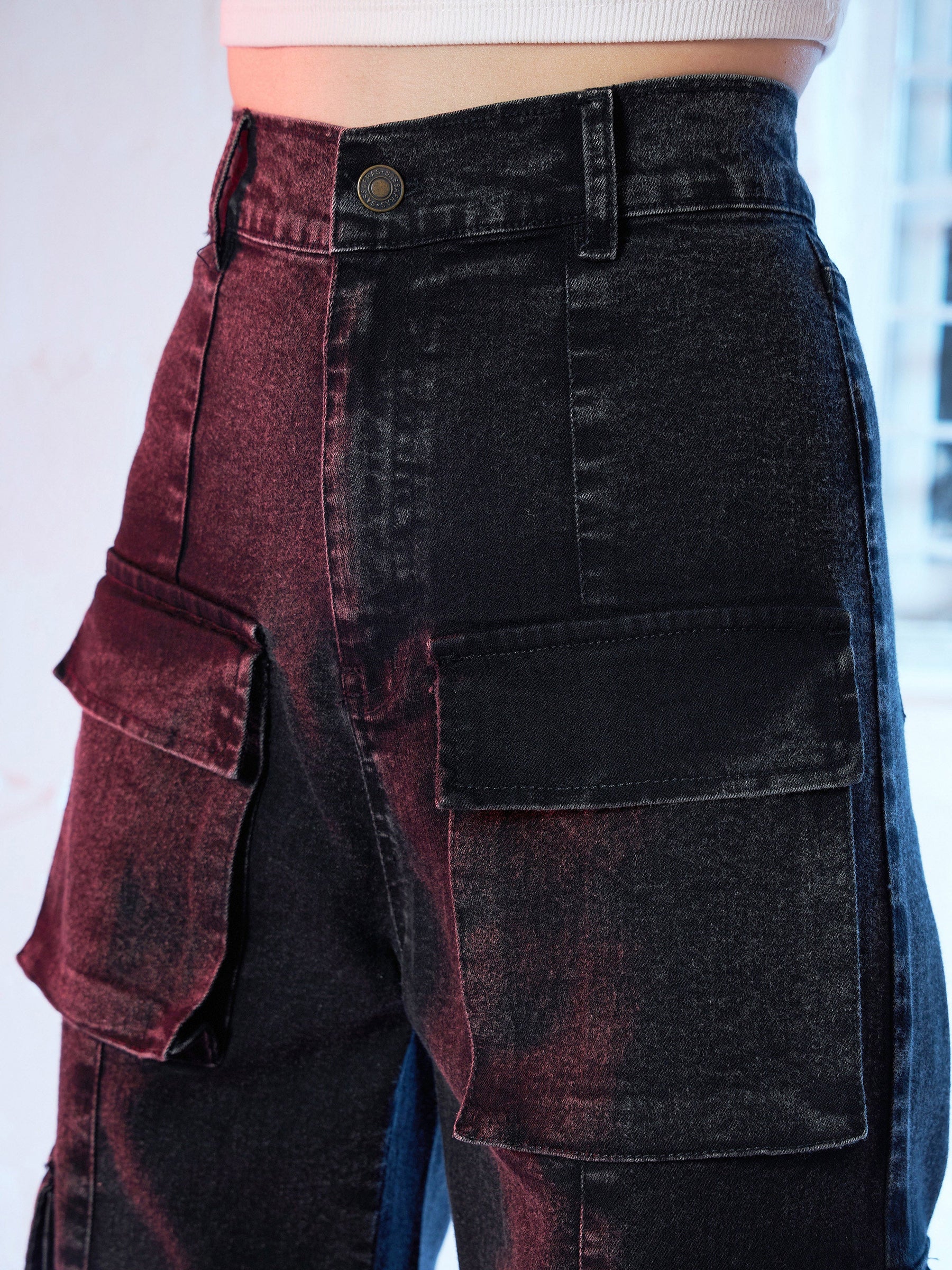 Black Chain Detail Cargo Straight Jeans-SASSAFRAS
