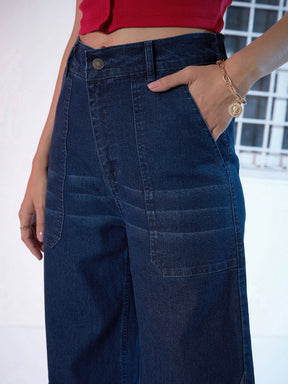Blue Denim Raw Hem Staright Fit Jeans -SASSAFRAS