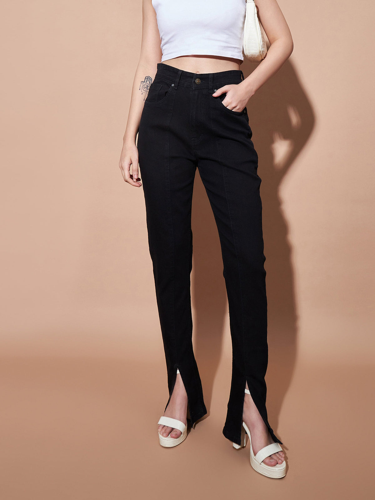 Black Mid Rise Skinny Fit Slit Jeans-SASSAFRAS BASICS