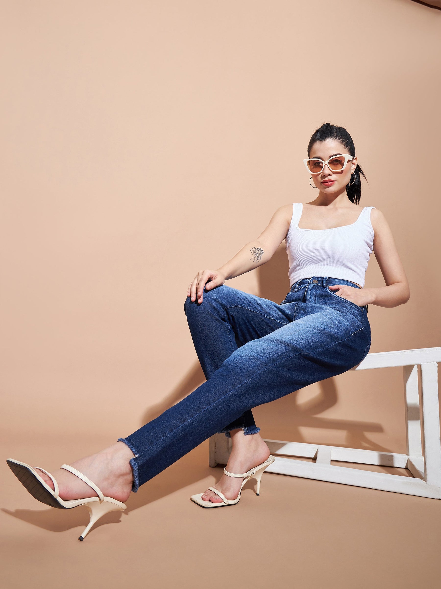 Blue High Waisted Slim Fit Frayed Jeans -SASSAFRAS BASICS