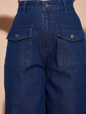 Navy High Waist Flap Pocket Straight Jeans -SASSAFRAS BASICS