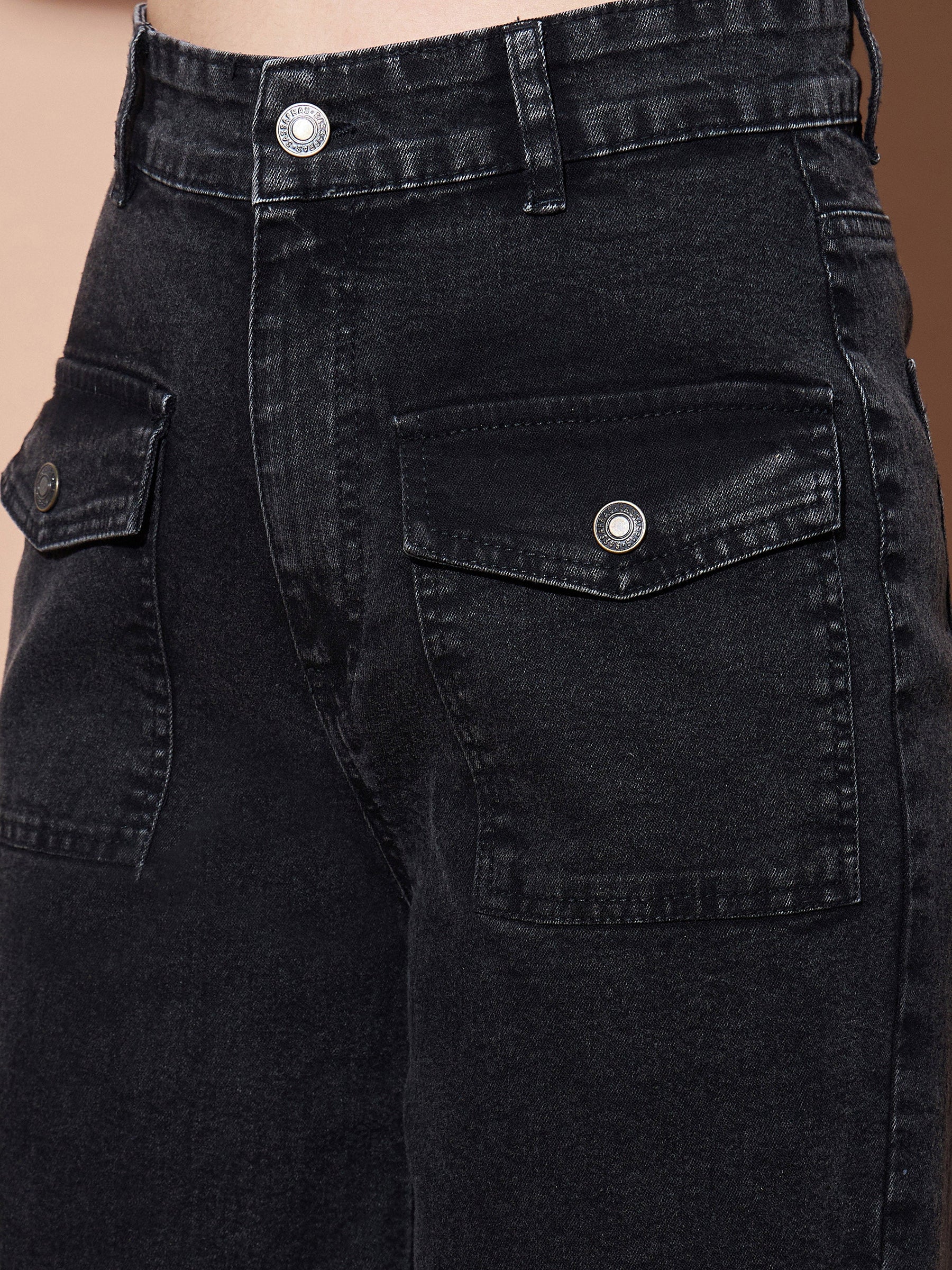 Black High Waist Flap Pocket Straight Jeans -SASSAFRAS BASICS
