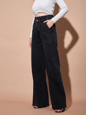 Black Paper Bag Waist Straight Jeans-SASSAFRAS BASICS