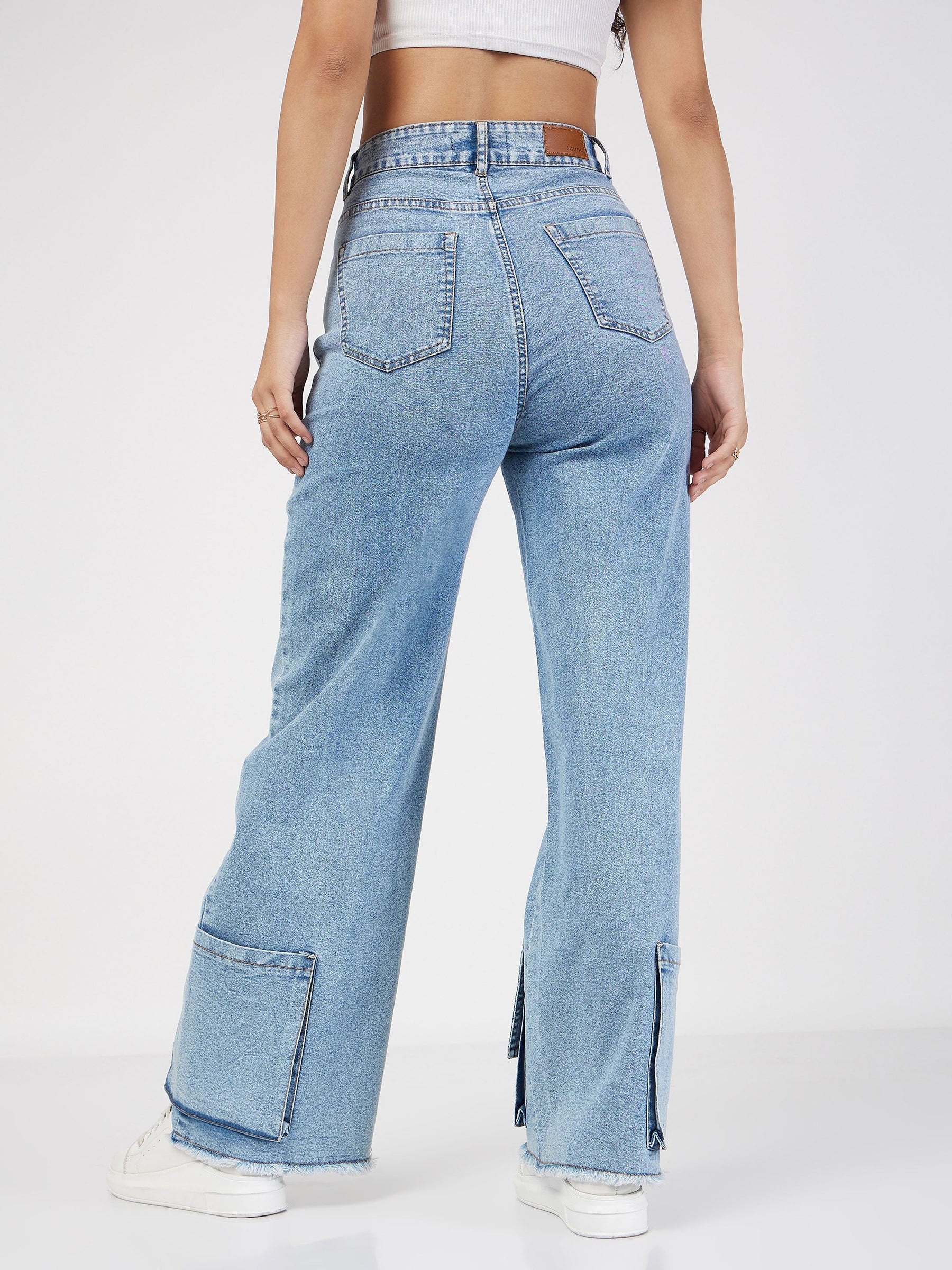 Ice Bue Hem Pockets Straight Jeans -SASSAFRAS