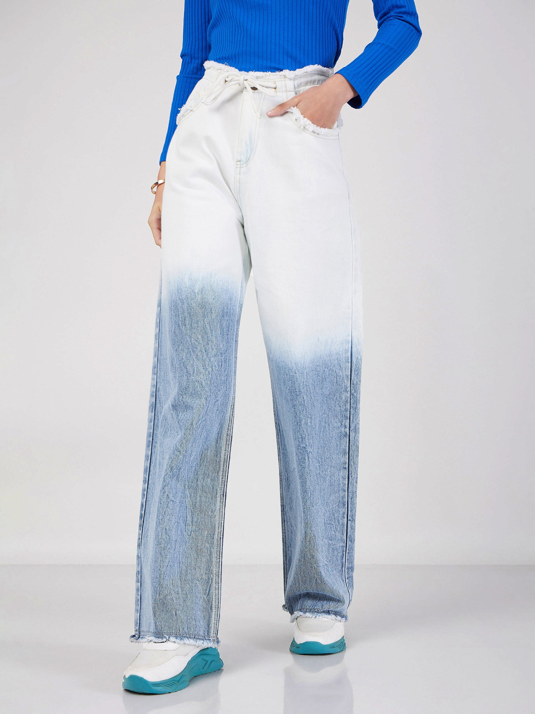 Blue & White Ombre Straight Jeans -SASSAFRAS