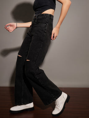 Black Washed Knee Slit Straight Jeans-SASSAFRAS