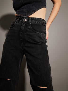 Black Washed Knee Slit Straight Jeans-SASSAFRAS