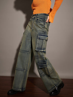 Green Washed Multi Pockets Detail Jeans-SASSAFRAS