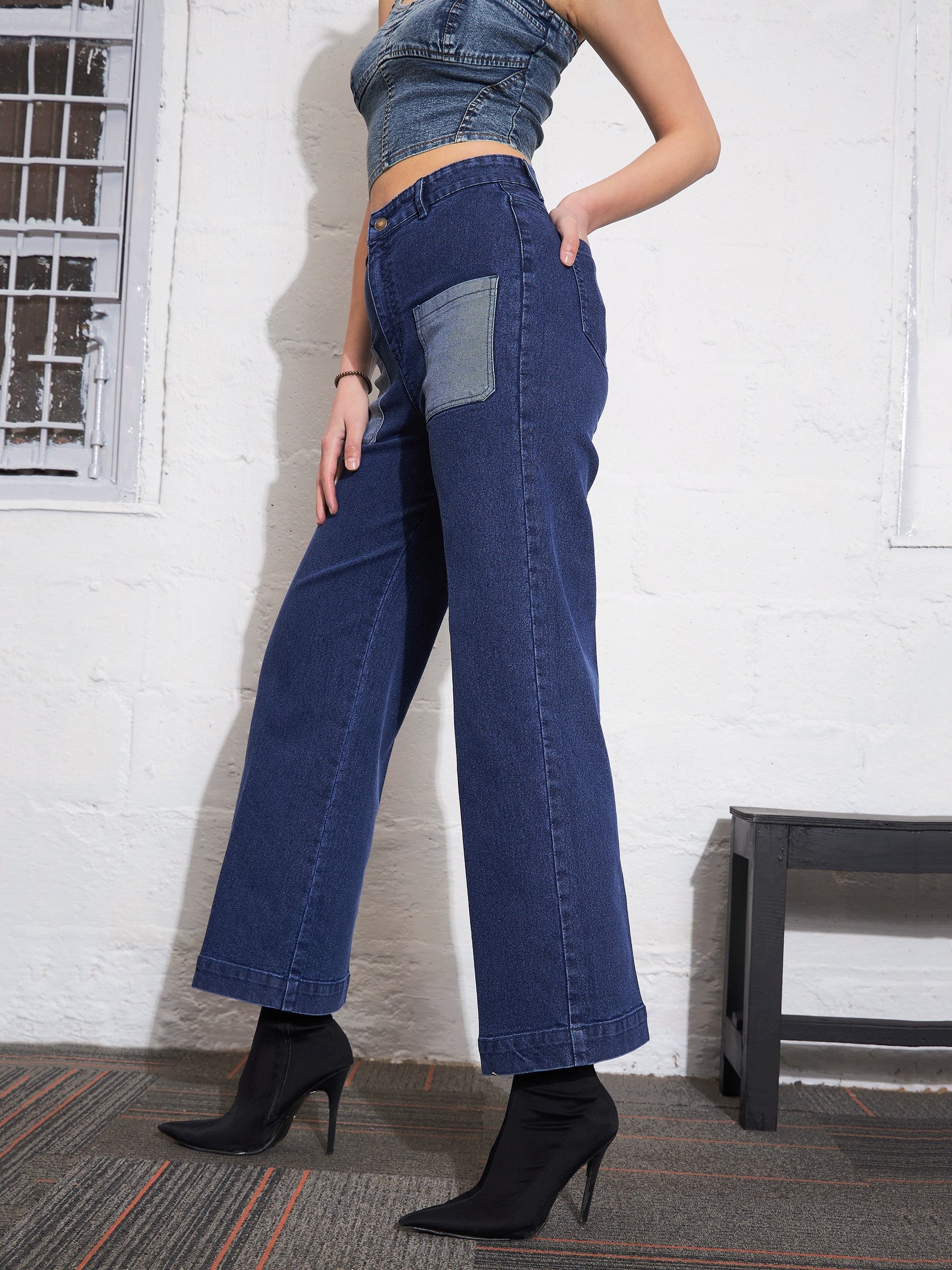 Blue Washed Contrast Patch Pocket Straight Jeans-SASSAFRAS