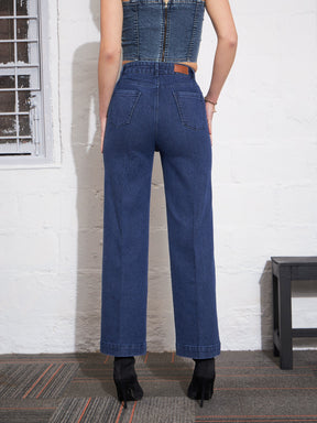 Blue Washed Contrast Patch Pocket Straight Jeans-SASSAFRAS