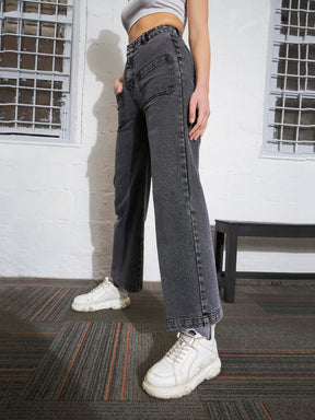 Black Washed Patch Pocket Straight Jeans-SASSAFRAS