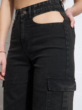 Black Washed Waist Cut Out Cargo Jeans-SASSAFRAS